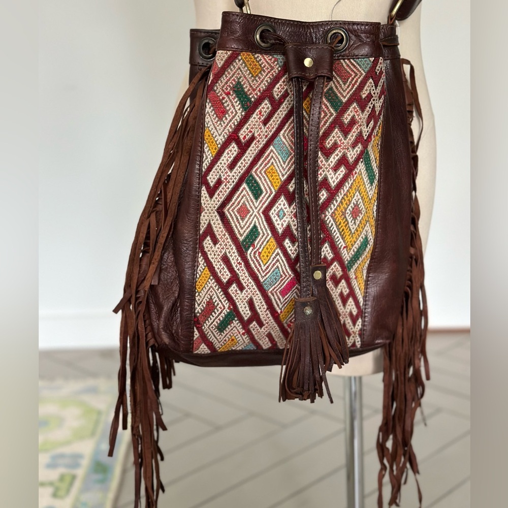 Moroccan Vintage cross body Kilim bag with fringe